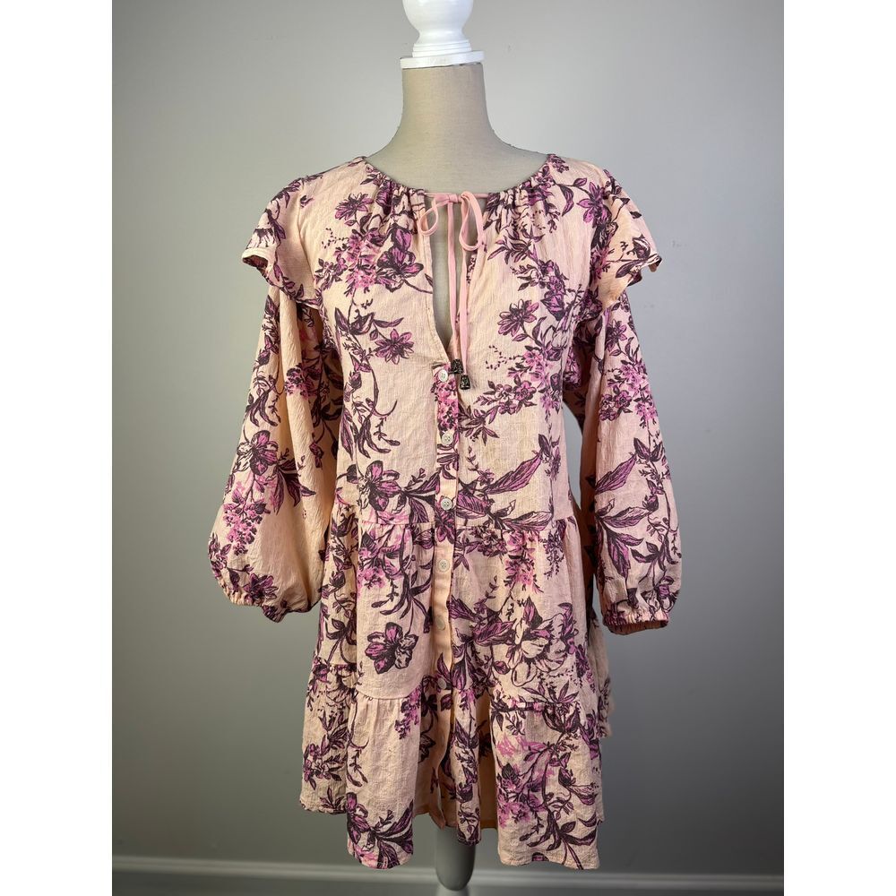 Free People Floral Tiered Mini‎ Dress Puff Sleeves Cottagecore Romantic Pink S/P